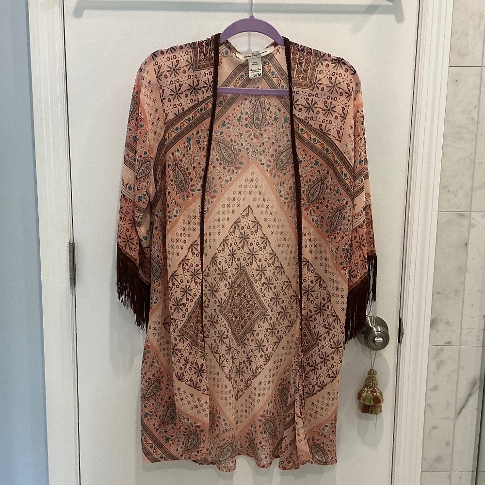American Rag Boho Peach Brown Floral Fringe Festival Duster Kimono S M